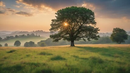Obraz premium Beautiful tree in the middle of a field covered with grass with the tree line in the background