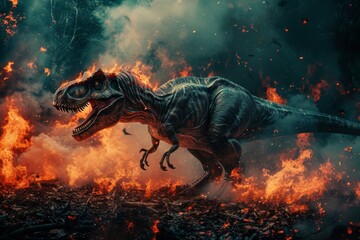 A fiery dragon-dinosaur emerges from the smoky outdoor scene, striking fear into the hearts of nearby mammals and animals