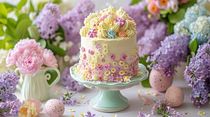  a cake sitting on top of a cake plate surrounded by purple and white flowers, eggs, and a vase with flowers on the side of the cake is surrounded by purple and pink and white flowers.