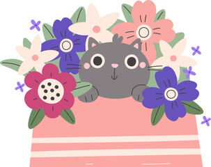 Cat In Pot With Flowers