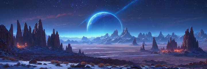 Serene alien landscape: majestic moonrise over unearthly mountains under a starry night sky - obrazy, fototapety, plakaty
