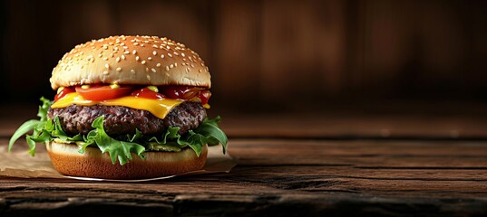 Close up homemade beef burger on wooden table, studio shot with copy space for text - obrazy, fototapety, plakaty