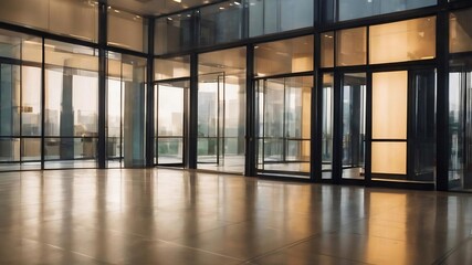 Blurred abstract background interior view looking out toward to empty office lobby and entrance doors and glass curtain wall with frame - obrazy, fototapety, plakaty