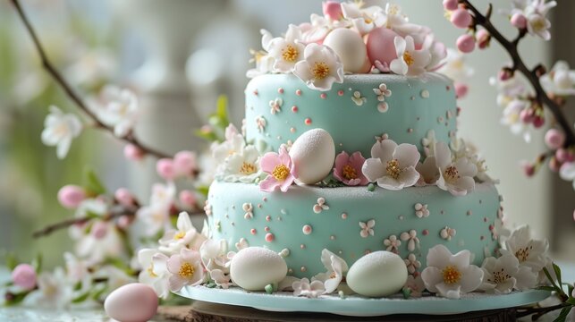  a close up of a three tiered cake with flowers and eggs on the bottom of the cake and on the side of the cake is a branch of a tree with pink and white flowers.