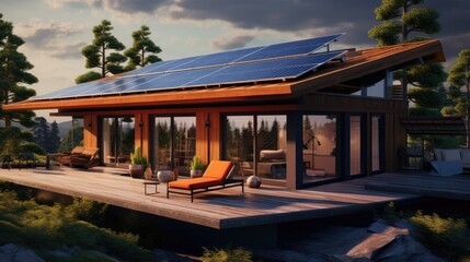 Modern house with solar panels on the roof. Renewable energy and sustainibility concept.