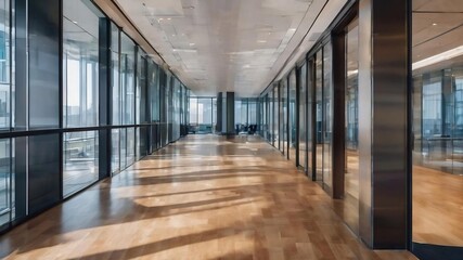 Blurred abstract background interior view looking out toward to empty office lobby and entrance doors and glass curtain wall with frame