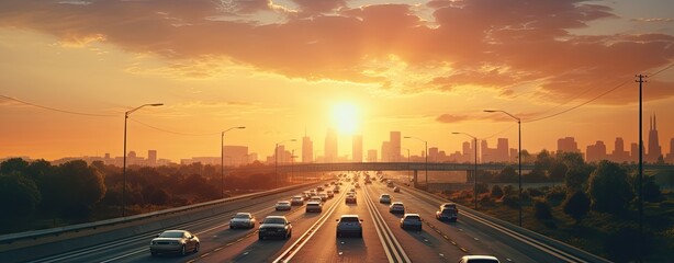 Panoramic view of a busy highway in the morning.