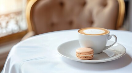  a cup of coffee and a biscuit on a white saucer on a white tablecloth with a gold chair in the backgrouch of the room.