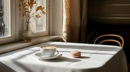  a cup of coffee sitting on top of a table next to a plate of macaroons on top of a white table cloth next to a window sill.