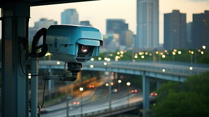 Traffic camera capturing speeding violation on highway, speed control and surveillance - obrazy, fototapety, plakaty