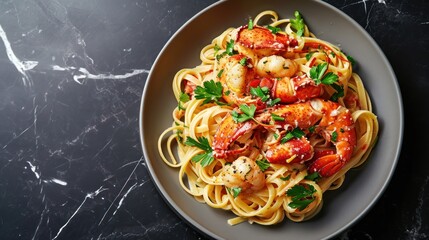  a plate of pasta with shrimp and parsley garnished with parsley garnish on top of the pasta is on a gray plate on a black marble surface.
