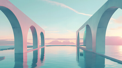 3d render, abstract panoramic background, northern futuristic landscape, fantastic scenery with calm water, simple geometric mirror arches and pastel blue gradient sky. Minimal zen aesthetic wallpaper - obrazy, fototapety, plakaty
