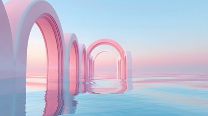 Obraz na płótnie Canvas 3d render, abstract panoramic background, northern futuristic landscape, fantastic scenery with calm water, simple geometric mirror arches and pastel blue gradient sky. Minimal zen aesthetic wallpaper