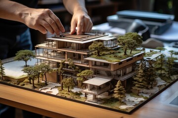 An architect works on a 3d model of a modern house.