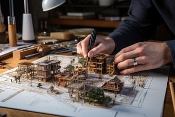 An architect works on a 3d model of a modern house.