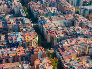 Aerial view of Barcelona City Skyline. Residential famous urban grid of Catalonia. Beautiful...