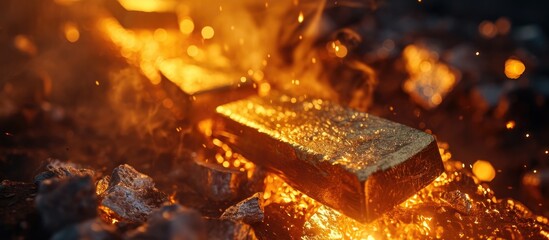 Gold mining industry. Melting metal to create gold ingots. Fire during gold bar manufacturing. Metallurgy technology. Creating golden bars. Valuable for businesses. - obrazy, fototapety, plakaty