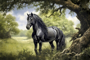 Fototapeta premium A tranquil scene of a majestic black horse resting in the cool shade of a tree, in perfect harmony with nature.