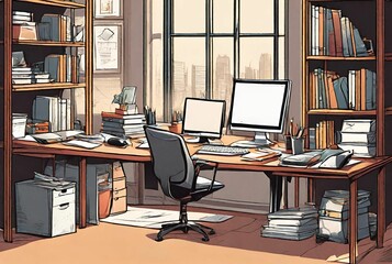 Office Desk with Books and Computer Illustration 