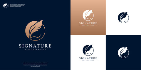 Creative quill signature logo design with minimalist feather ink logo design identity