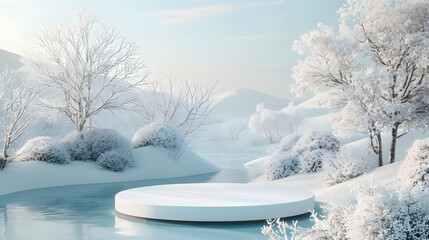 3d render, abstract panoramic background, northern futuristic landscape, fantastic scenery with calm water, simple geometric mirror arches and pastel blue gradient sky. Minimal zen aesthetic wallpaper
