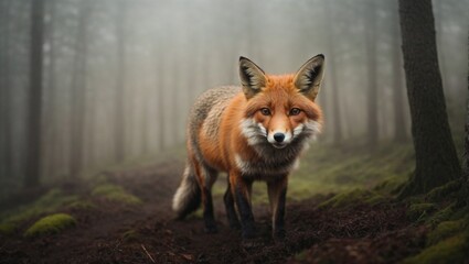 Close-up of a fox wandering in a foggy forest