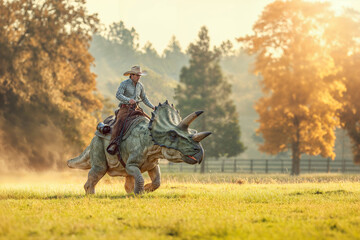 Cowboy riding a dinosaur across a field - obrazy, fototapety, plakaty