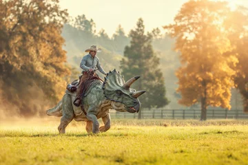  Cowboy riding a dinosaur across a field © Gary