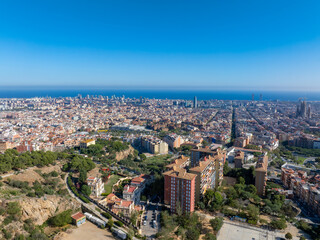 Obraz premium Aerial view of Barcelona City Skyline. Residential famous urban grid of Catalonia. Beautiful panorama of Barcelona.