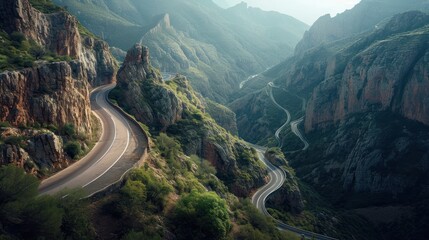  an aerial view of a winding road in a mountainous area with a mountain range in the background and a valley in the foreground with trees and mountains in the foreground. - obrazy, fototapety, plakaty