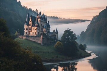 Whimsical fairytale castle perched on a hill surround - obrazy, fototapety, plakaty