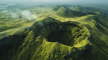  an aerial view of a mountain range with a crater in the middle of the mountain, with green grass growing on the sides of the mountains, and a blue sky in the background.