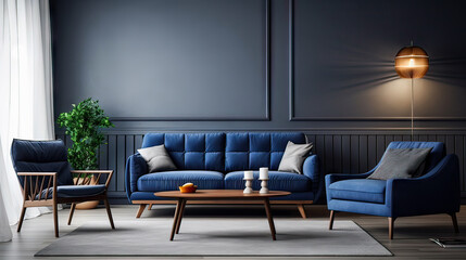 Interior of living room with comfortable sofa, floor lamp and table with flowers near blue wall