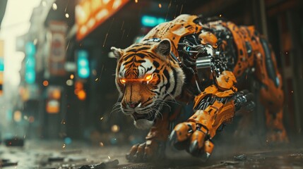 A majestic bengal tiger, with the strength of a siberian tiger, roams the urban landscape with its powerful robot body, a symbol of nature and technology intertwining
