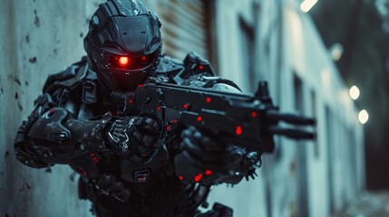 A mysterious figure clad in black armor brandishes a powerful gun in this thrilling screenshot from a futuristic action-adventure game, blending elements of action film  - obrazy, fototapety, plakaty