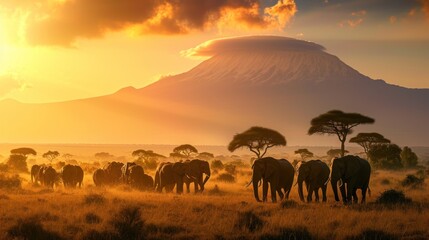 Fototapeta na wymiar a herd of elephants walking across a dry grass field under a cloudy sky with a mountain in the distance in the distance, with trees in the foreground, and in the foreground, a.