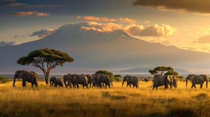 Fototapeta na wymiar a herd of elephants walking across a dry grass field under a cloudy sky with a mountain in the distance in the distance, with a few trees in the foreground.