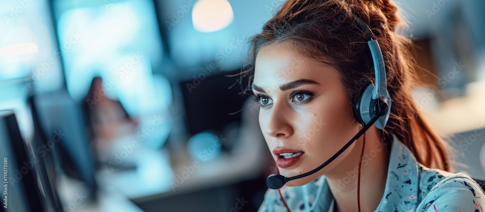 Wall mural At the call center office, a stunning young woman is engaged in a phone conversation while wearing a headset.