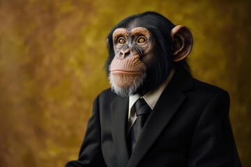 Portrait of a chimpanzee dressed in a formal business suit,  - obrazy, fototapety, plakaty