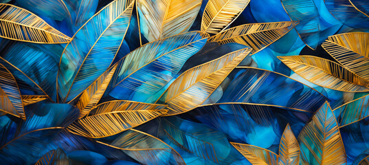 Blue and gold tropical leaves Monstera, palm, fern and ornamental plants backdrop. Exotic jungle rainforest background, luxury beach vacation travel web banner by Vita.  - obrazy, fototapety, plakaty