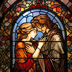 Fototapeta na wymiar valentines couple stained glass window, ai generated.