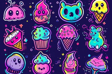 Whimsical childlike drawings of colorful cartoon ice cream and cupcakes evoke feelings of nostalgia and joy in this playful collection of clipart illustrations