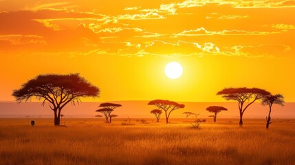  the sun is setting over the plains with trees in the foreground and a herd of giraffes grazing on the plains in the distance in the foreground.