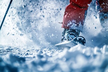 A fearless skier glides through the snowy landscape, carving through the powdery surface with...