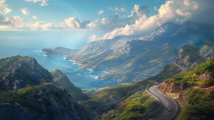  a scenic view of the ocean from a high point of view of a road on the side of a mountain with a view of the ocean and mountains in the distance.