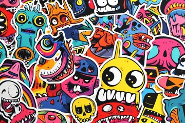 A vibrant and eclectic collection of hand-drawn cartoon stickers, bursting with bold graphics, psychedelic illustrations, and modern art influences, featuring a mix of clipart, doodles, and graffiti 