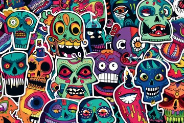 An eclectic mix of vibrant stickers showcasing a diverse range of expressions, crafted with bold lines and vibrant colors in a fusion of psychedelic and modern art styles