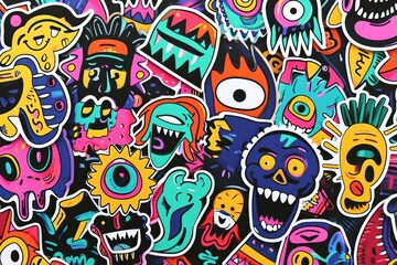 A vibrant blend of drawing, psychedelic art, and graffiti collide in this modern illustration of colorful stickers, evoking a sense of artistic expression and playful rebellion