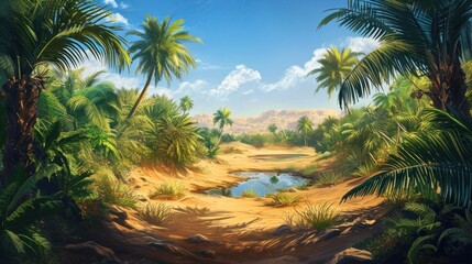  a painting of a tropical scene with palm trees and a stream of water in the middle of the desert, with a blue sky and white clouds in the background.