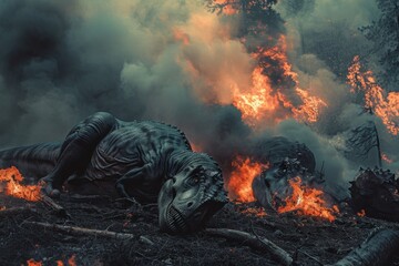 A prehistoric inferno engulfs the peaceful forest, as a fiery dinosaur leaves behind a trail of destruction and pollution in its wake - obrazy, fototapety, plakaty